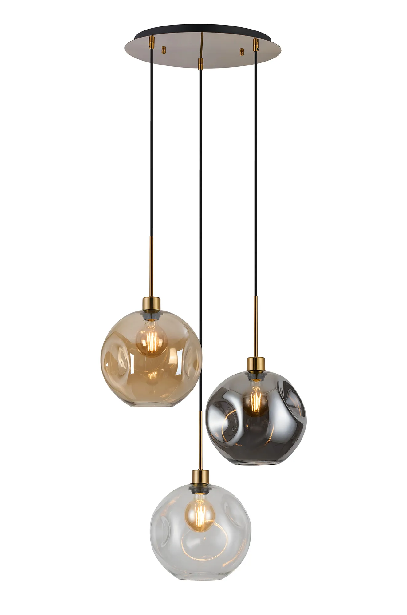 DK1186  Lori 40cm Round Pendant, 3 Light Adjustable E27, Antique Gold/Amber/Clear/Smoke Round Dimple Shades